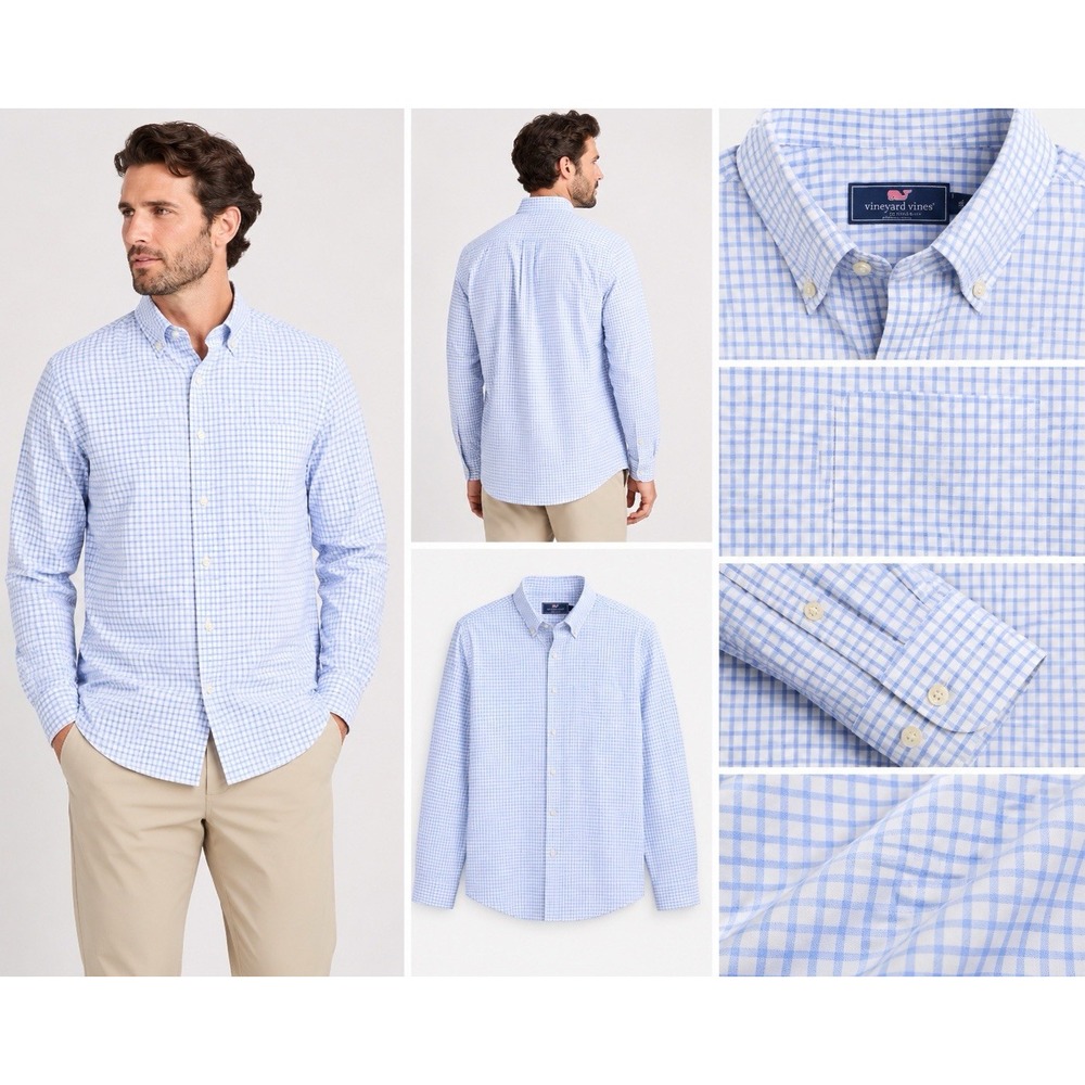 Vineyard Vines Murray Shirt Mens XL Lite Blue Gingham 100% Button Down